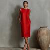 Women Sleeveless Side Pockets Midi Dress Solid Orange Casual Loose Fit Summer Dress