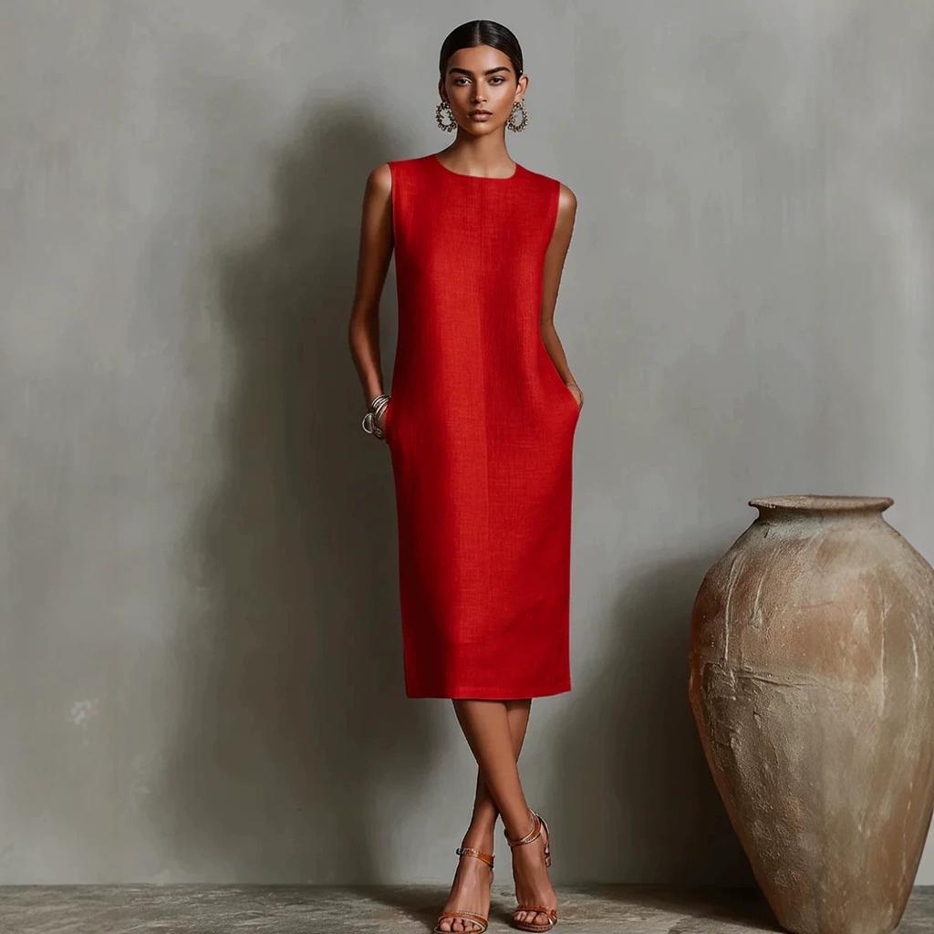 Women Sleeveless Side Pockets Midi Dress Solid Orange Casual Loose Fit Summer Dress