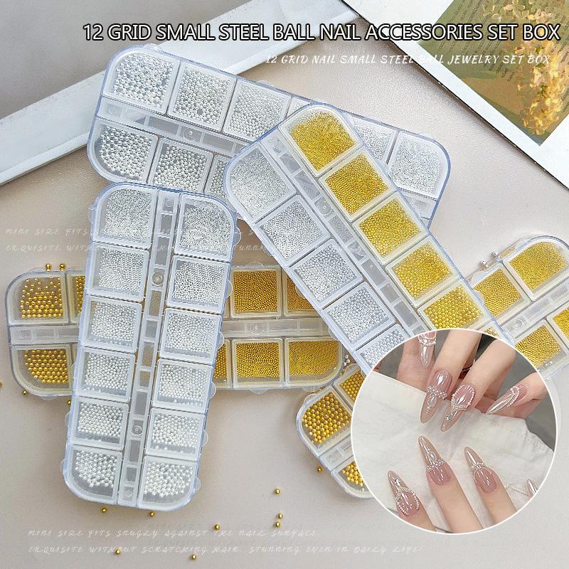 12 Grids Nail Art Tiny Steel Beads 0.6-2Mm Mixed Size 3D Design Gold Silver Jewelry Manicure Tips Charm Micro Ball Diy Decor