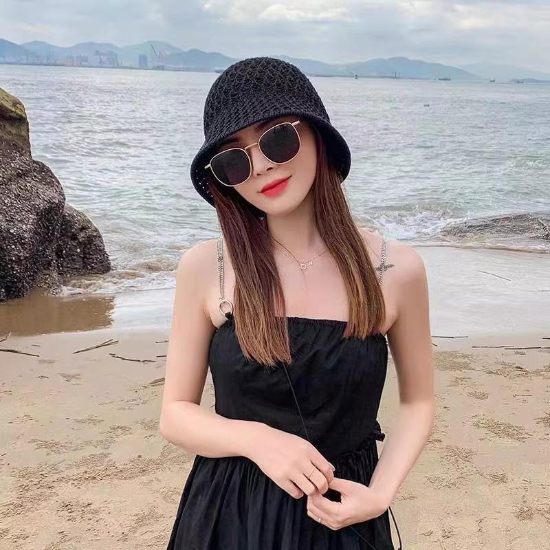 Women's Hollow Knit Bucket Hat Summer Breathable Fisherman Cap UV Protection Beach Outdoor Headwear Sunshade Mesh Basin Cap