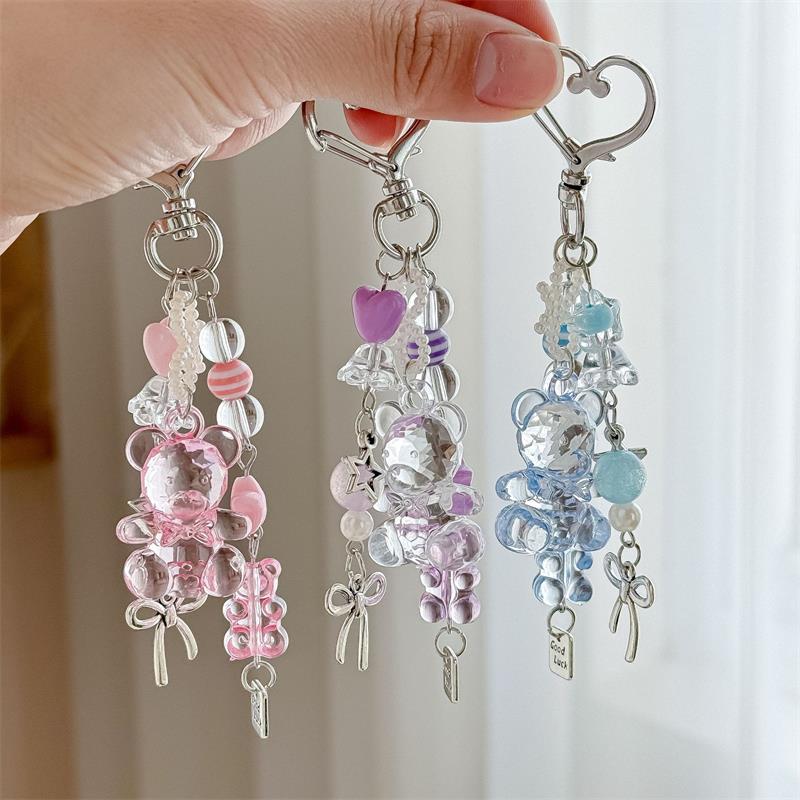 Cute Transparent Bear Bag Keychain Pendant Love Bow Charm Elegant Keyring Sweet Phone Chain Girly Backpack Hanging Ornament Gift