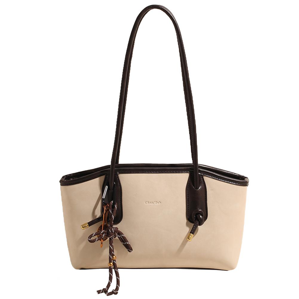 

Retro Leather Shoulder Bag Vintage Underarm Pouch with Pendant Trendy Tote Handbag Large Capacity Armpit Bag Top-Handle Bags бежевый