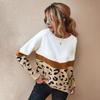 Women Autumn Winter Knitted Sweater Jumper Pullovers Top O-neck Full Sleeve Leopard Patchwork Khaki Brown Gray Army Green S-XL