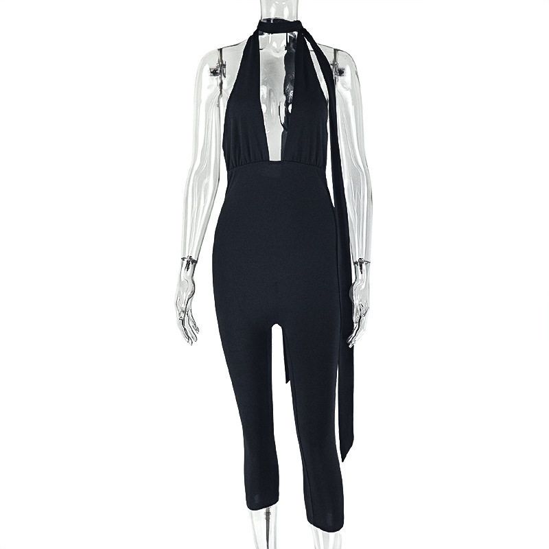 Cross-Border European and American Style E-Commerce Halter Neck Backless Hollow-Out Simple Solid Color Jumpsuit Dropshipping