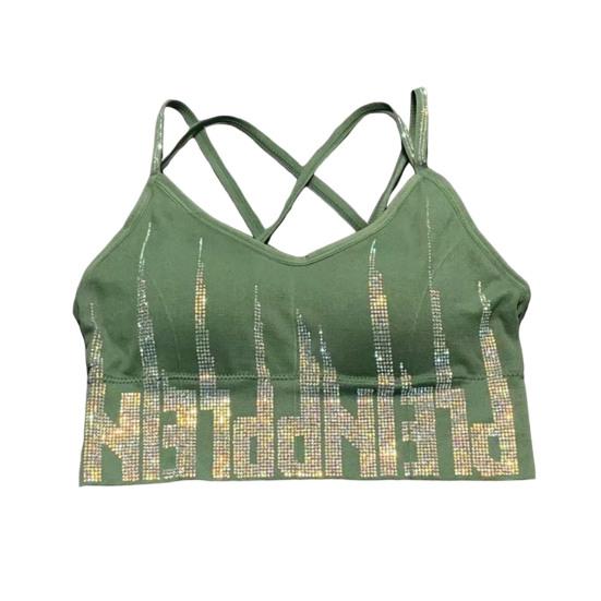 Women's Rhinestone Padded Sports Bra Seamless Cami Cropped Tank Top Crisscross Back Shiny Workout Bra