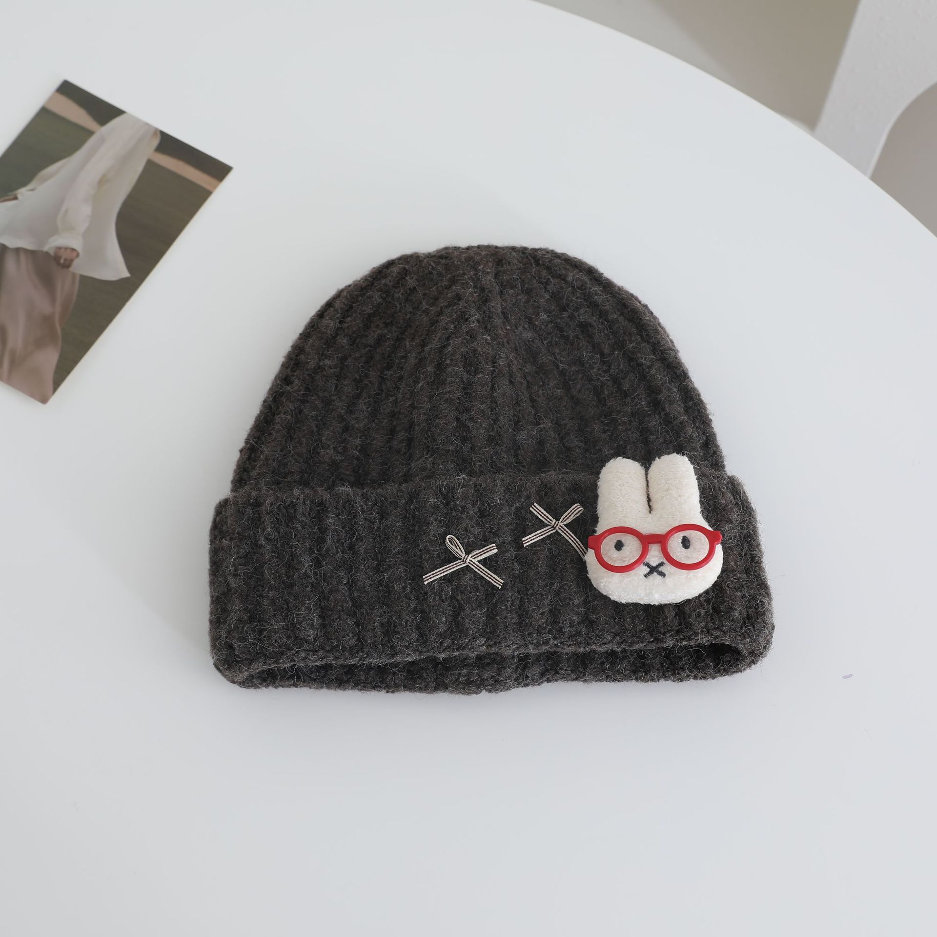 

Cute Rabbit Doll Pattern Label Knitted Hat for Women s Autumn and Winter New Products Warm and Thick Cold Hat Making The Face Look Smaller one size