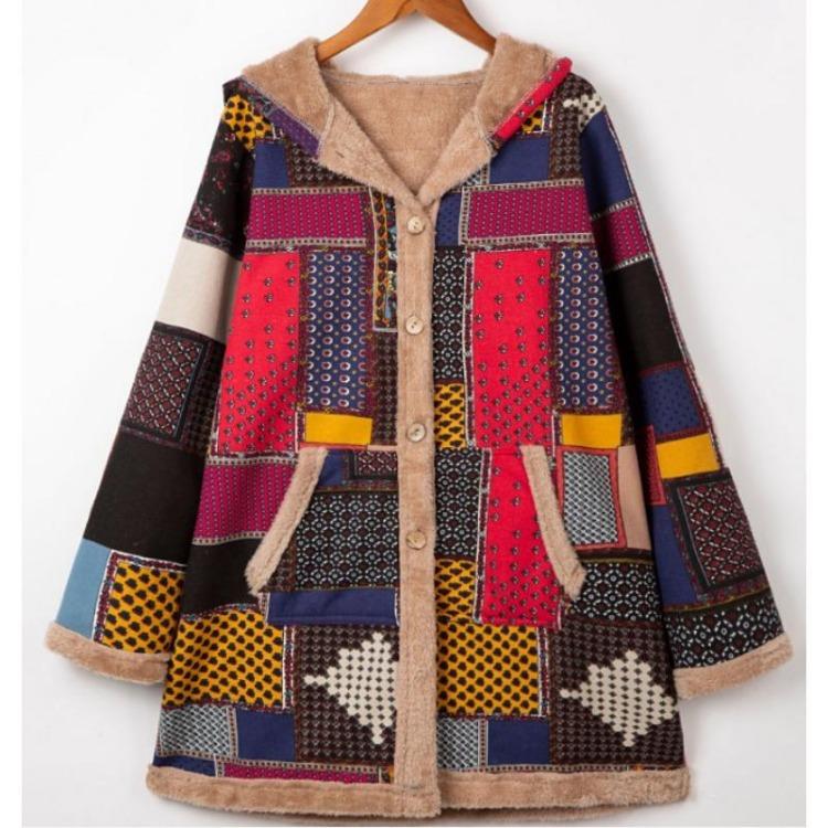 Hooded Jacket Women Plus Size Loose Long Coat Warm Fleece Retro Printed Outwear Pockets