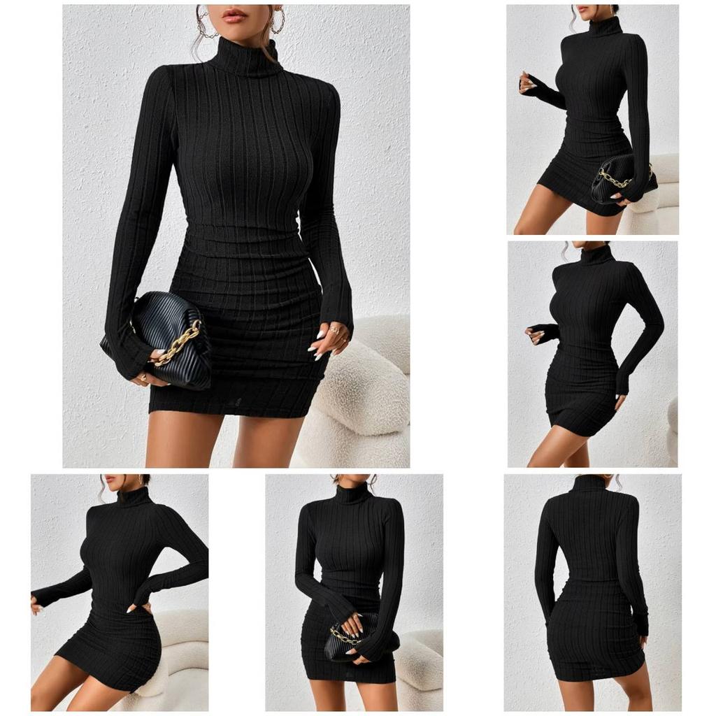 Sexy Mini Dress Women Autumn Solid Turtleneck Long Sleeve Sheath Dress Clubwear Partywear Elegant Bodycon Female