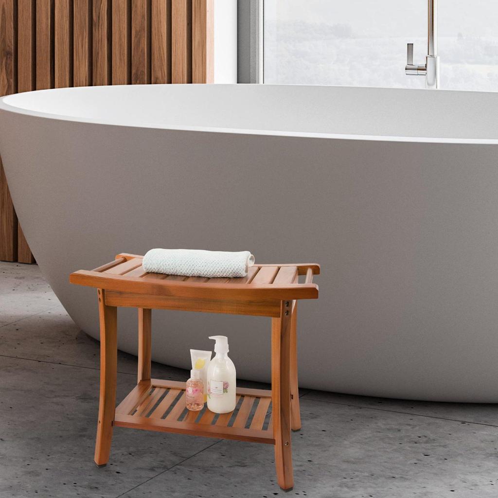 Two-Tier Waterproof Teak Bathroom Stool - Non-Slip Wooden Bench for Shower & Shoe Changing