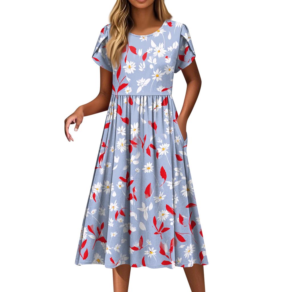 Women's Fashion Casual Loose Floral Print Round Neck Pocket Short Sleeve Dress