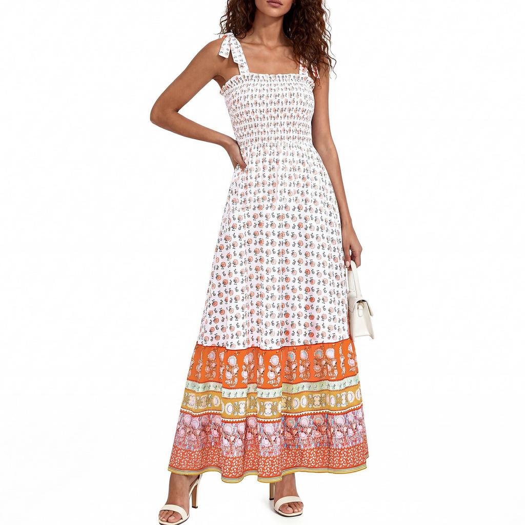 Women's Sleeveless Printed Strap Dress Smocked Waist Maxi Dress Lightweight Bohemian Style Summer Dress with Adjustable Shoulder Ties