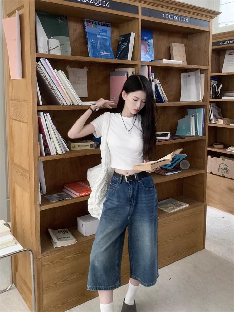 Retro High-Waisted Women's Wide-Leg Cropped Jeans for Summer