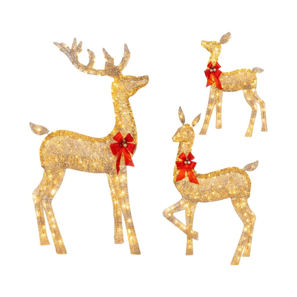 Christmas Lighted Reindeers Family with Red Bow Props Decor Holiday Luminous