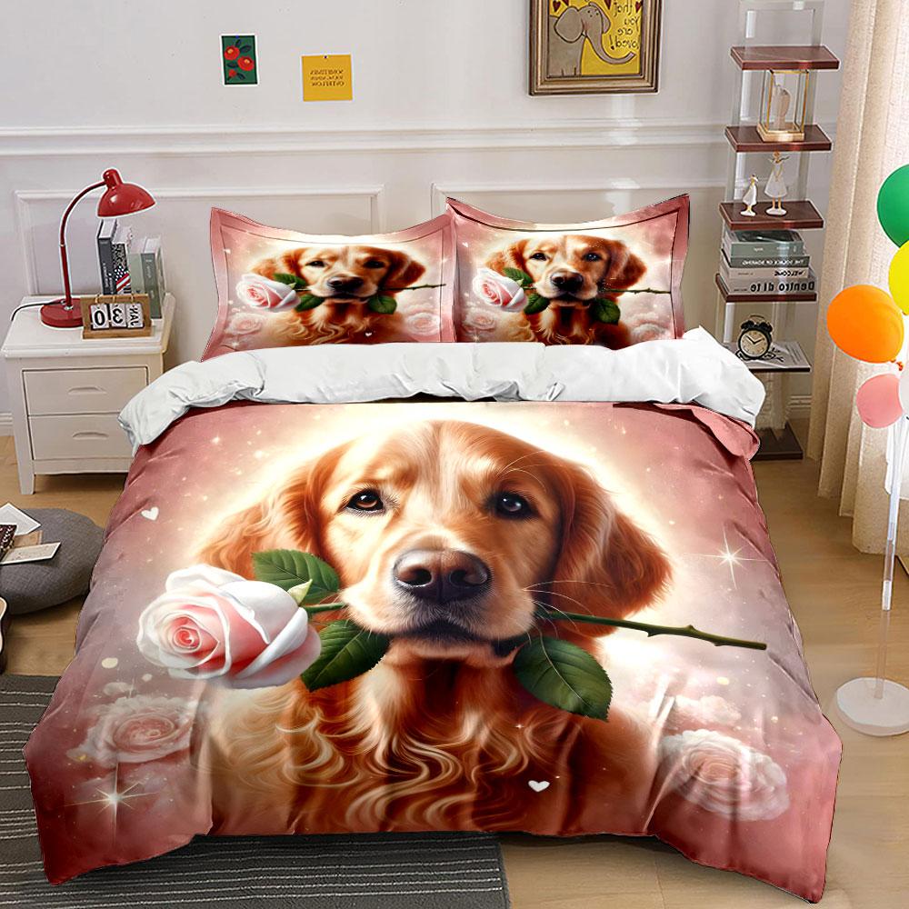 Golden Retriever with Rose Bedding Duvet Cover Set (1*Duvet Cover 2*Pillowcases, without duvet insert)