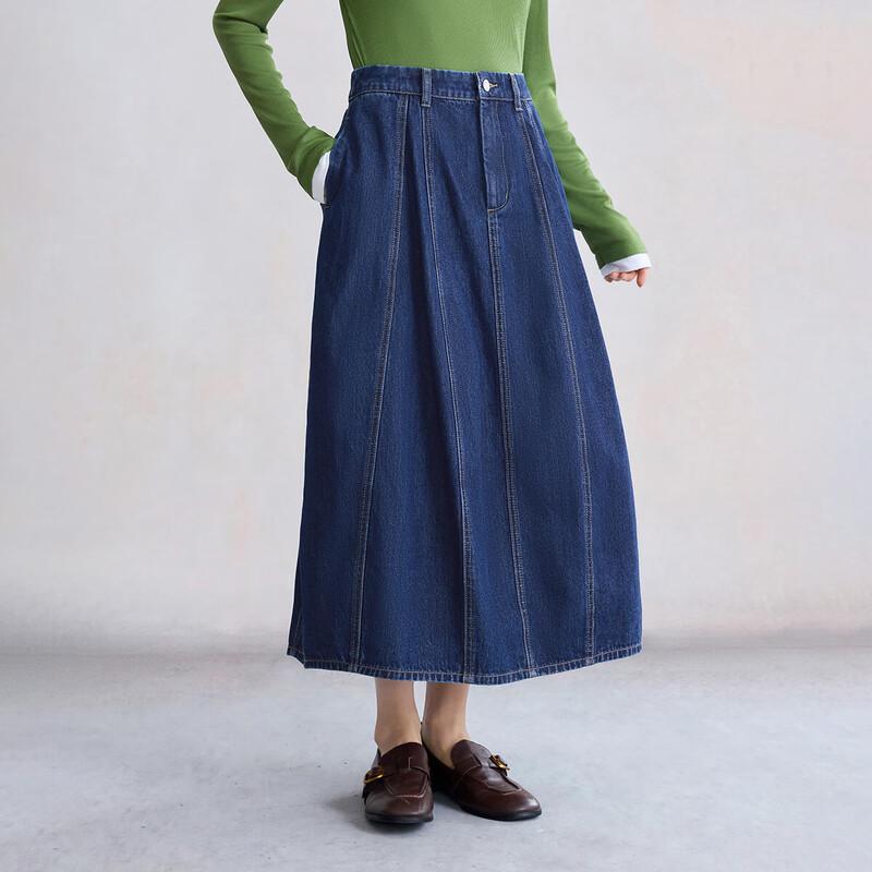 INMAN Women s High-Waist Cotton Denim Midi Skirt L