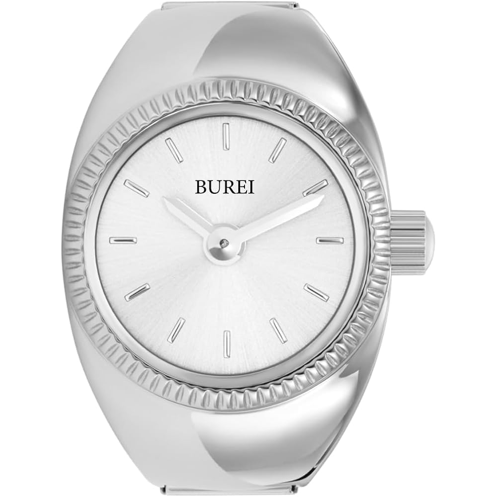 BUREI Women s Analog Quartz Ring Watch Waterproof Silver Simple Stylish Mini Ring Clock with Elastic Stainless Steel Band