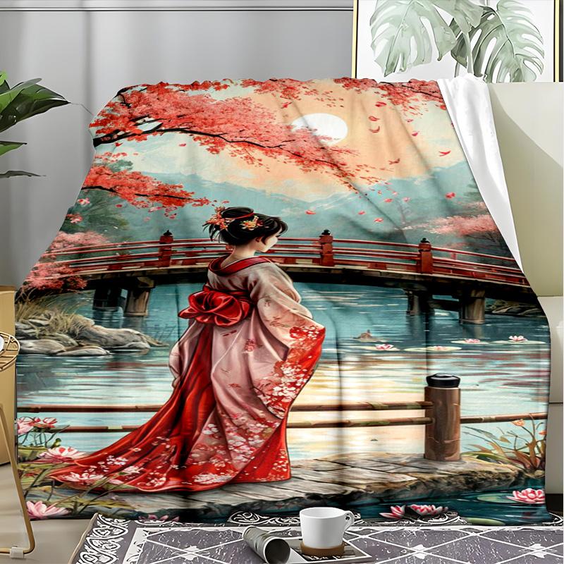 Japanese Kimono Sakura Fleece Blanket, Geisha Throw