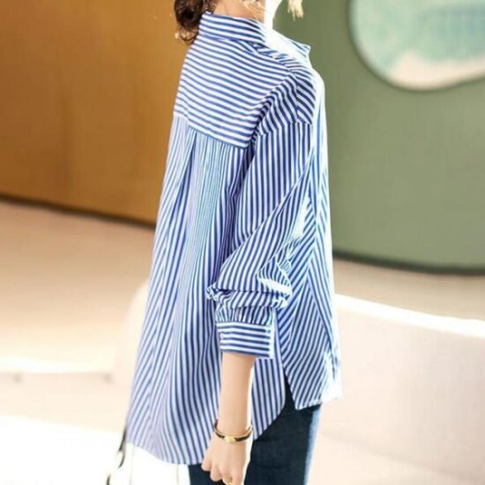 Navava Women Stripe Label Pocket Long Sleeve Shirt Nb2926