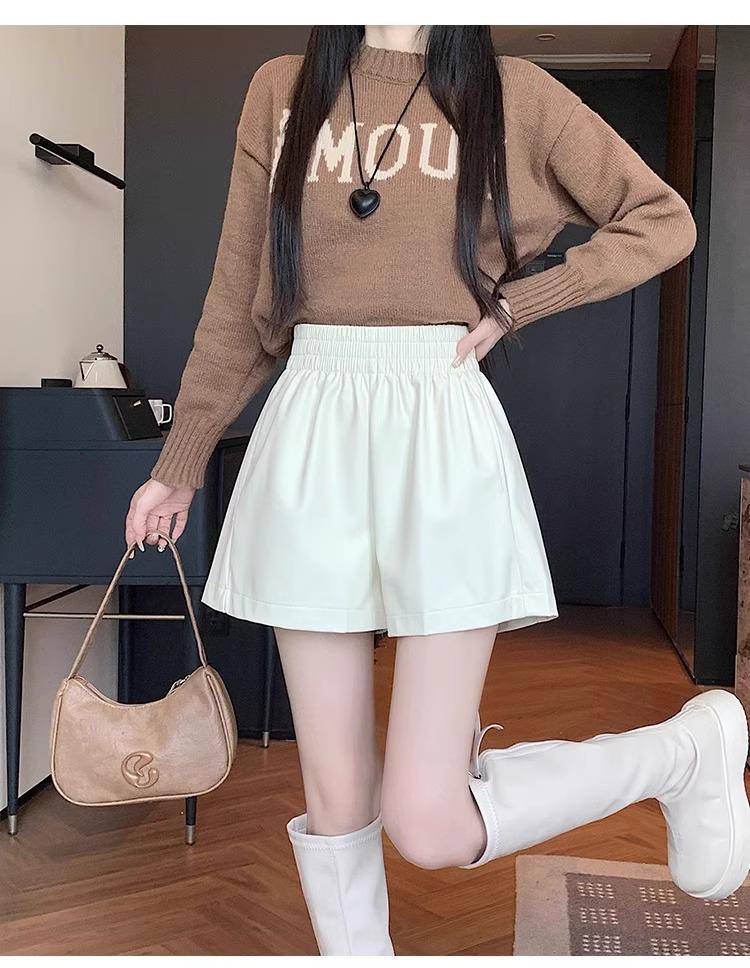 Dámské hnědé kožené šortky s vysokým pasem - Podzim/Zima 2023 Áčkový střih Slim Široké nohavice PU Móda.