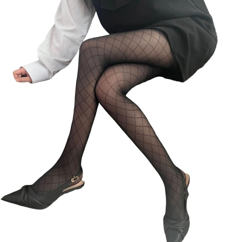 Women Elegant Stockings with Rhombus Plaids Patterned Sheer Silk Tights Aesthetic Vintage Thin Black Pantyhose Hosiery L
