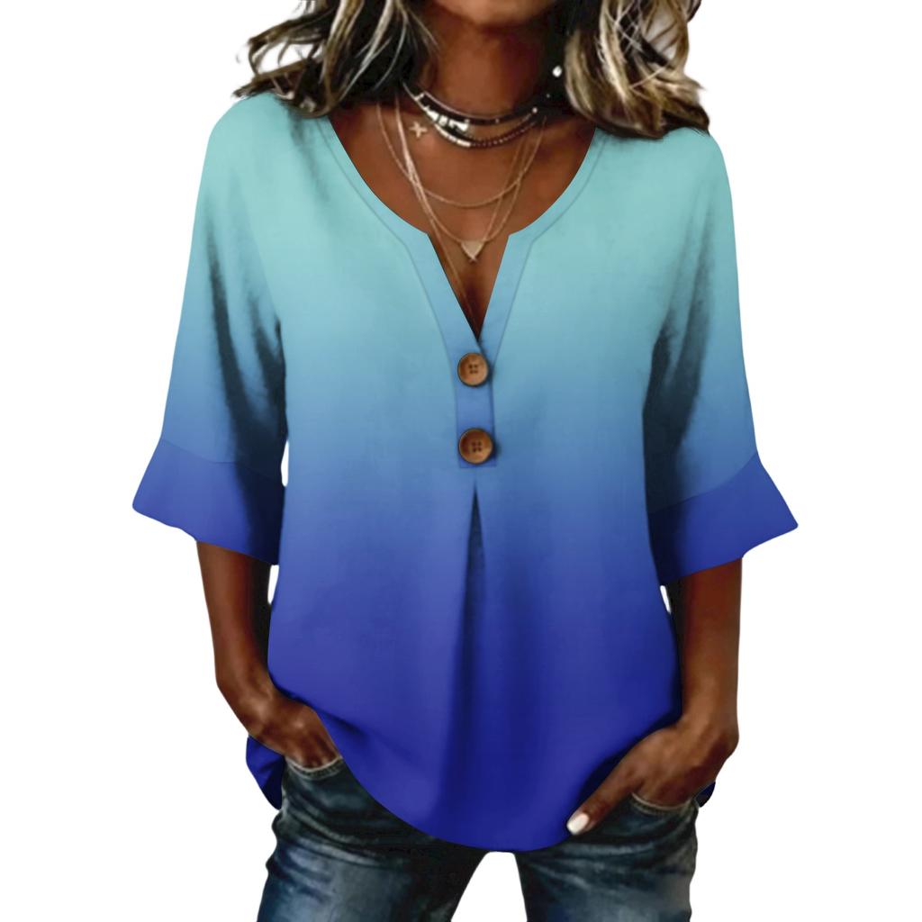 Ladies' gradient printed button casual V-neck fashionable seven quarter sleeve top