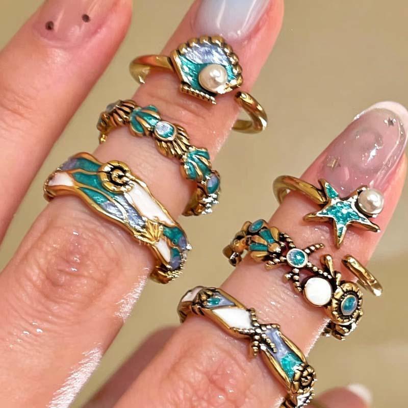 Retro Starfish & Seashell Pearl Enamel Ring for Women - Stacking Finger Accessory