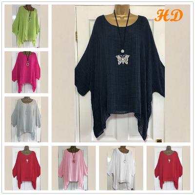 Womens Ladies Casual Plus Size Loose Cotton Linen Solid Color Tops Shirt Blouse