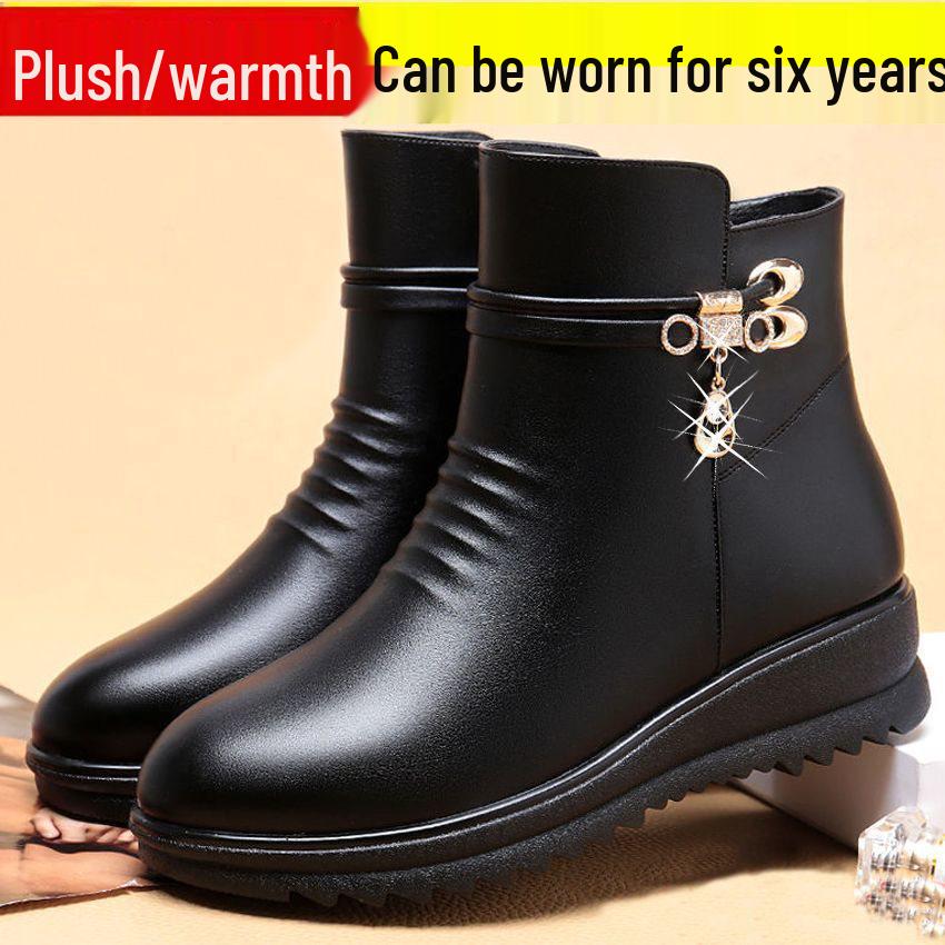 Hřejivé protiskluzové boty z měkké kůže: Zimní bavlněné boty pro ženy středního až staršího věku