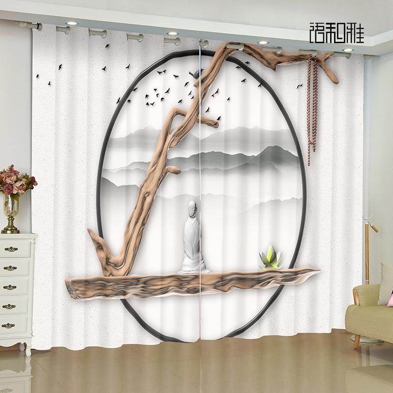 Modern New Chinese Buddhism Landscape Painting Living Room Study High-end Bedroom Famous Curtains Zen Retro Transparent Curtains