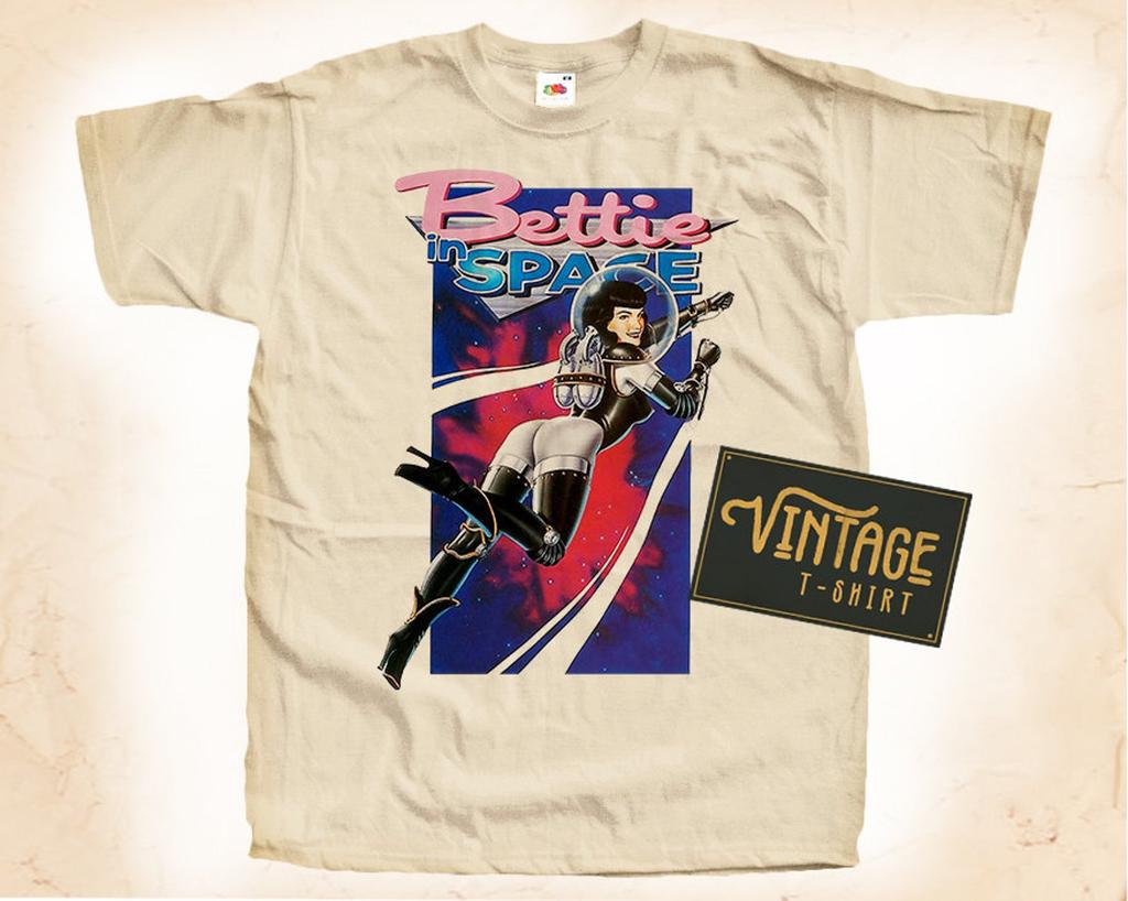 Bettie Page in Space V1 T-Shirt Vintage Natural color Men's T-Shirt DTG Digital Print SIZES S M L XL 2XL 3XL 4XL 5XL