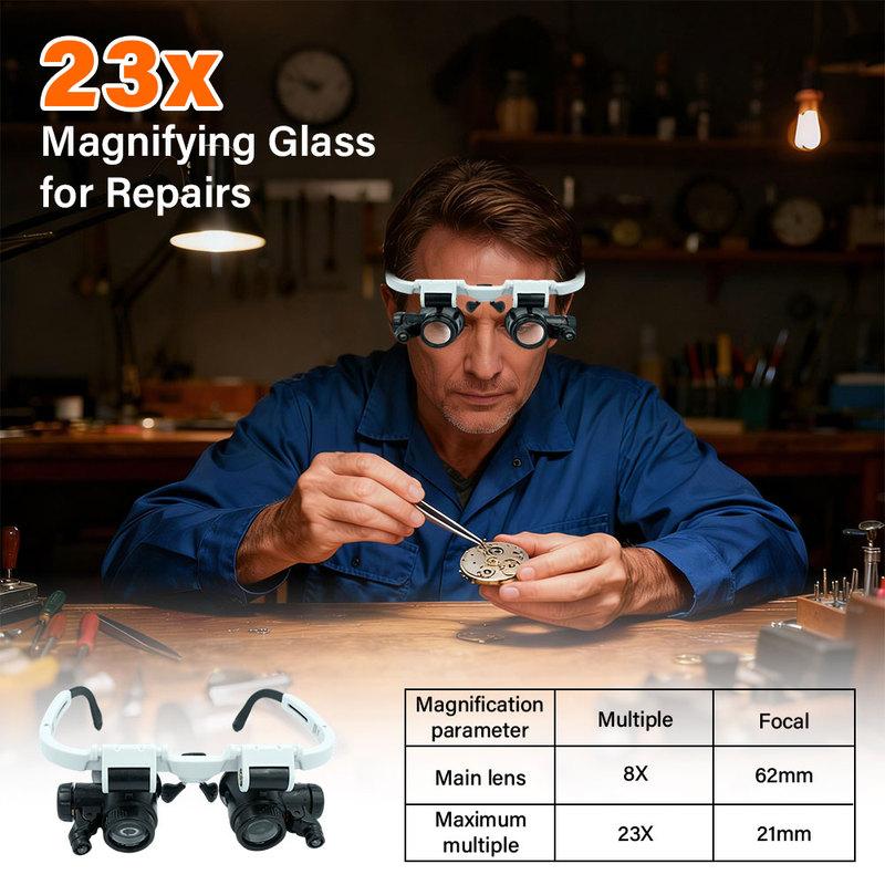 Hot sell Wearing Magnifier Glasses Magnifying 8X 15X 23X 2LED Professional Magnifier Glasses for Reading Jewelers Repair