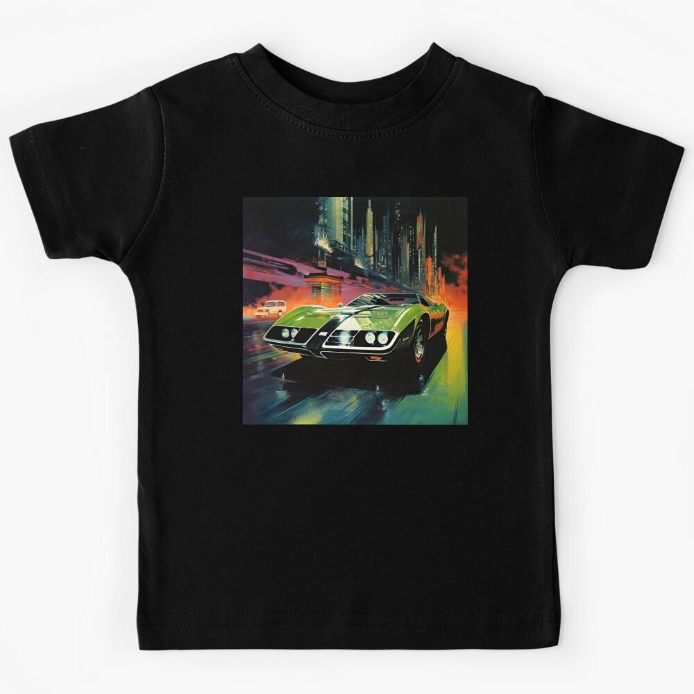 Retro Futuristic Green Sports Car and Night City of the Future Kids T-Shirt 130