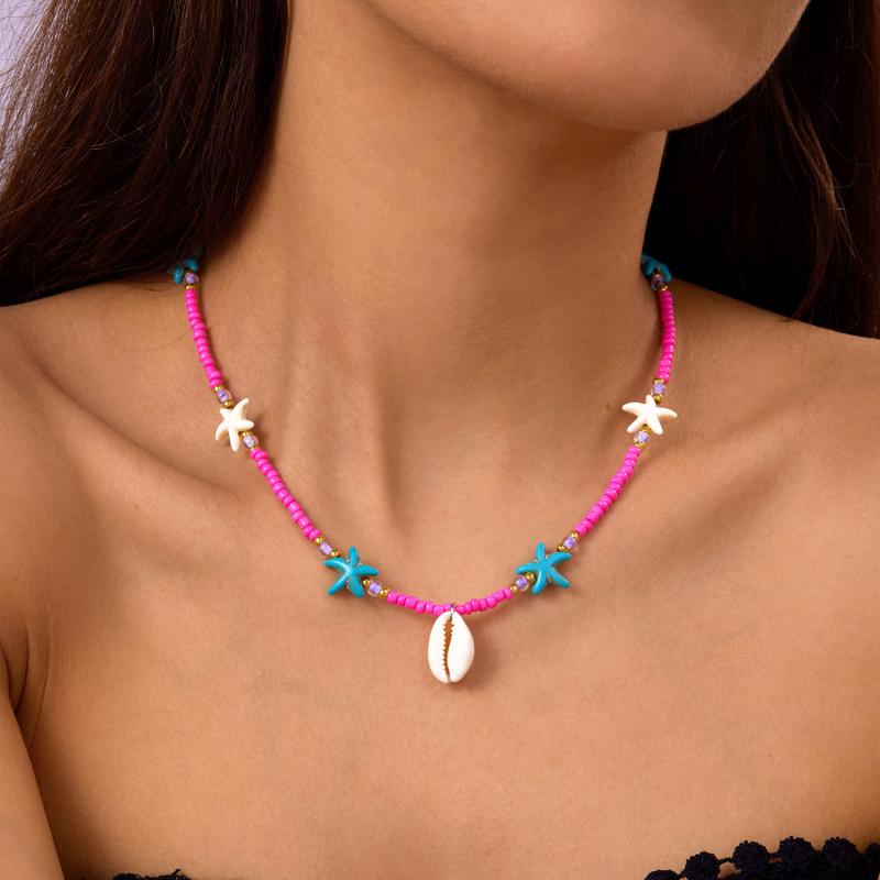 Bohemian Handmade Braided Beaded Seashell Starfish Pendant Clavicle Chain Necklace Women Beach Vacation Jewelry Accessories