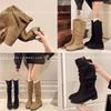 Western new spring and autumn pleated rad cowboy boots high boots stack 2025 female beauty retro thick heel boots suede