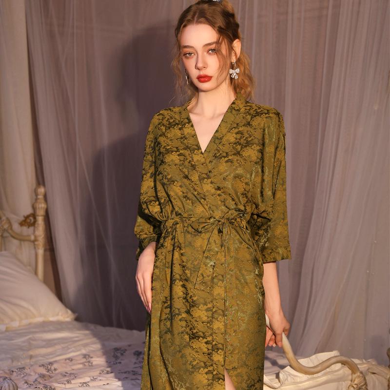 Women s 2026 Ice Silk Jacquard Morning Robe - Sexy Long Bathrobe and Homewear Pajamas for Spring/Summer F (Outer)