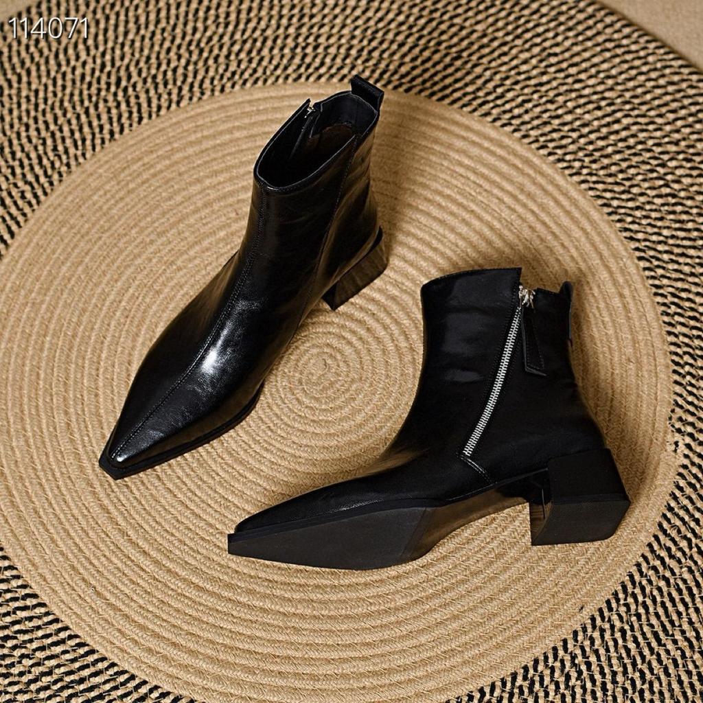 Women's Fleece-Lined Pointed Toe Ankle Boots - 2025 Autumn/Winter Collection, Chunky Medium Heel, Versatile & Slimming Martin Style