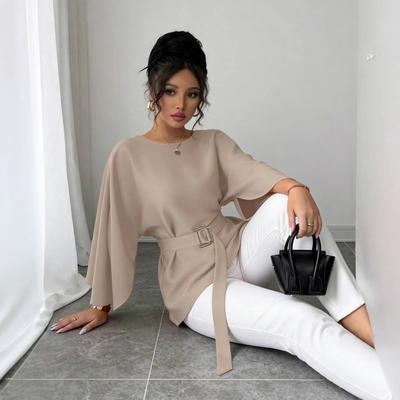 Solid Color Belted Batwing Sleeve Top, Fashion Casual Elegant Spring Summer Daily Wear