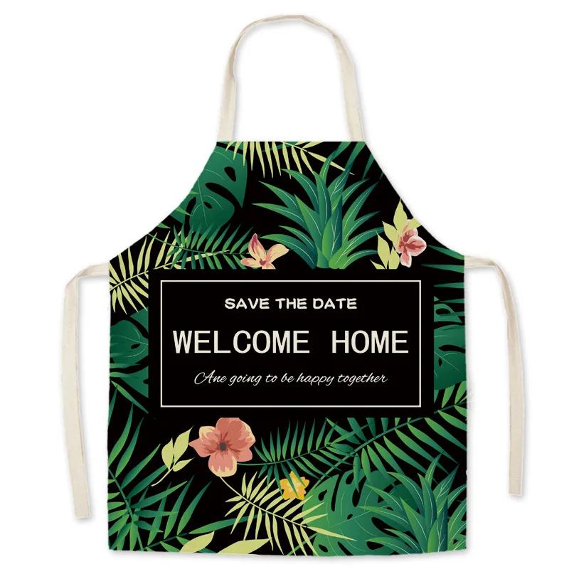 Pattern Kitchen Apron for Woman INS Leaves Sleeveless Cotton Linen Aprons Cooking Simplicity Home Cleaning Tools 65*75cm
