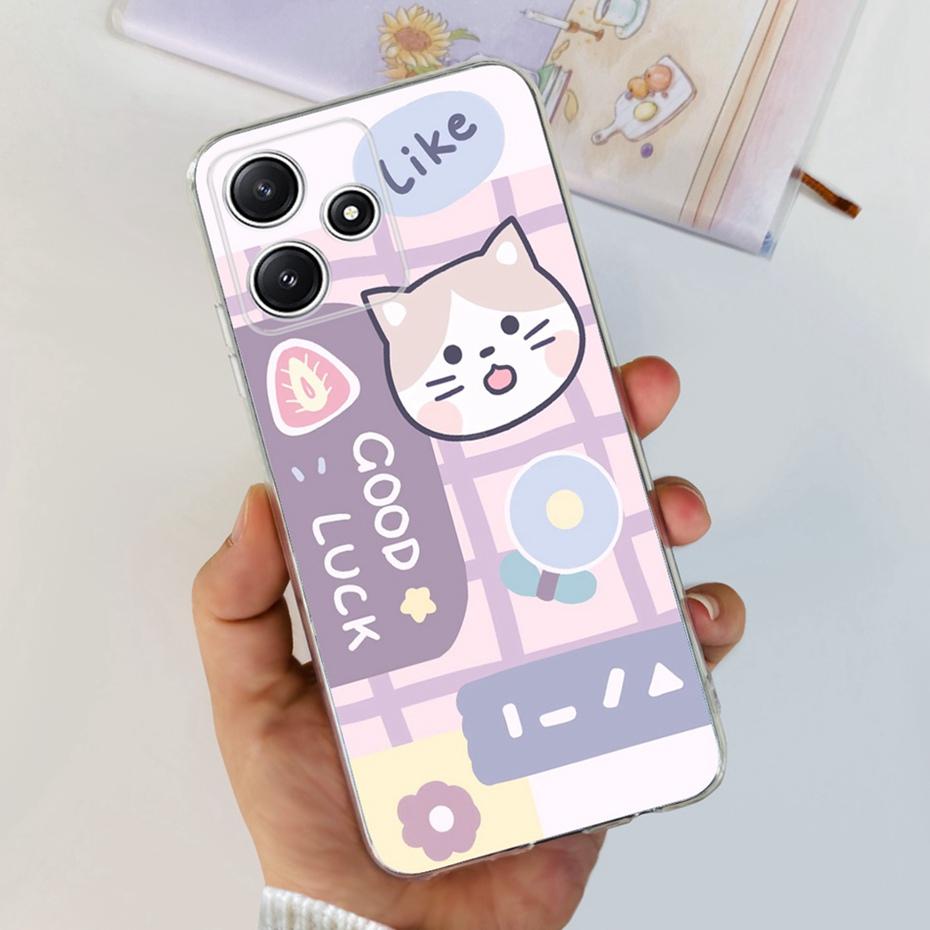Cute Flower Cat Painted Case For Xiaomi Redmi 12 5G 2023 Soft Silicone TPU Back Cover For Redmi12 5G Global Phone Bumper