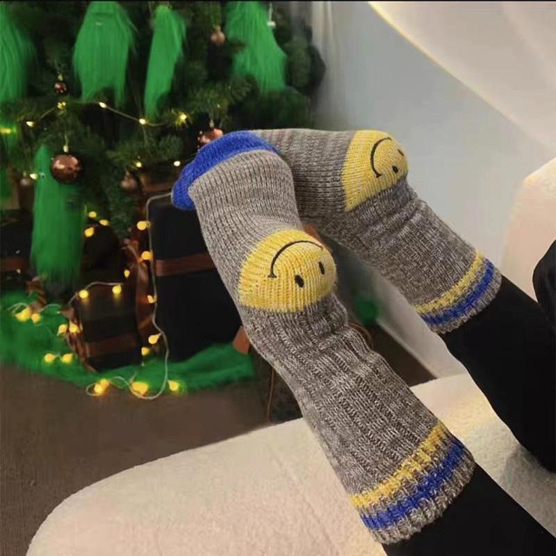 Hirata And Hiroshi Wool Thick Needle Smiley Face Heel Thick Workwear Color-Blocking Striped Mid-Leg Socks Trendy Socks