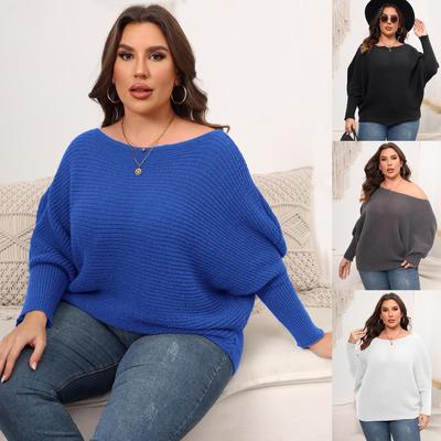 Ladies, Pullover Machine Knitted Sweater, Plus Size Women's Clothing, Autumn and Winter, Bat Sleeves, One Neck, Off Shoulder Loose Sweater