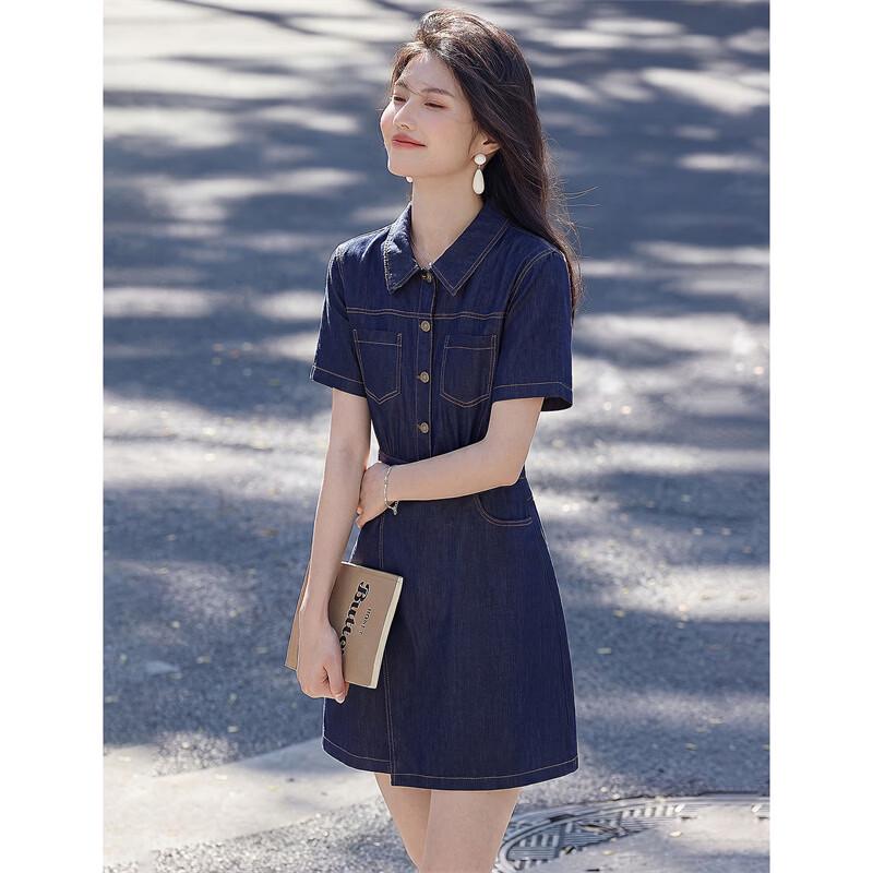 Women's Retro Faux Denim High-Waist Short-Sleeve Dress