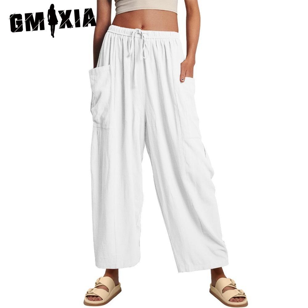 GMXIA Modne damskie spodnie i spodnie capri z wysokim stanem, na co dzień w jednolitym kolorze