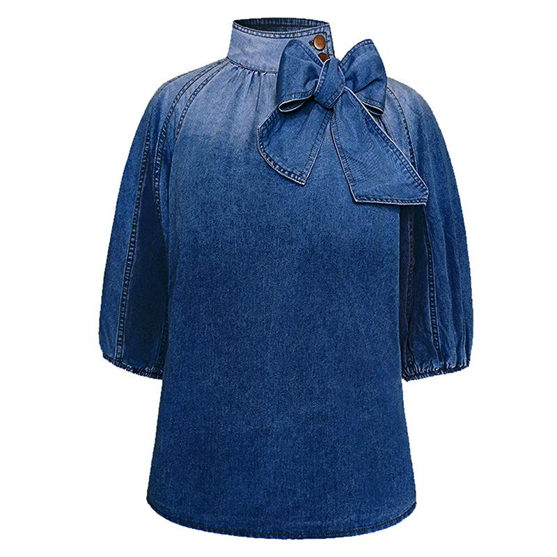 Spring Summer Lightweight Loose Women's Denim Shirt Butterfly Knot Elegant Bubble Sleeve Semi High Collar Casual Chic Pullover Tops
