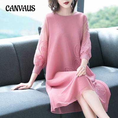 Bead Embroidery Plus Size Dress Spring and Autumn Women's Belly Shading Ageing Loose Dresses