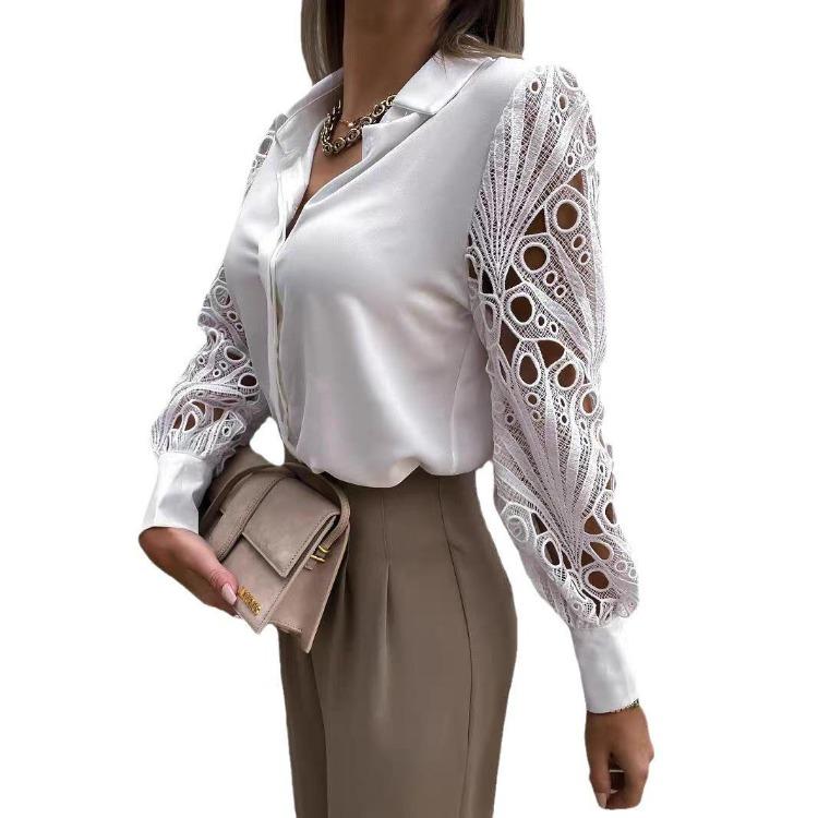 2026 New Women Blouse Spring Summer Solid Lace Stitching Top