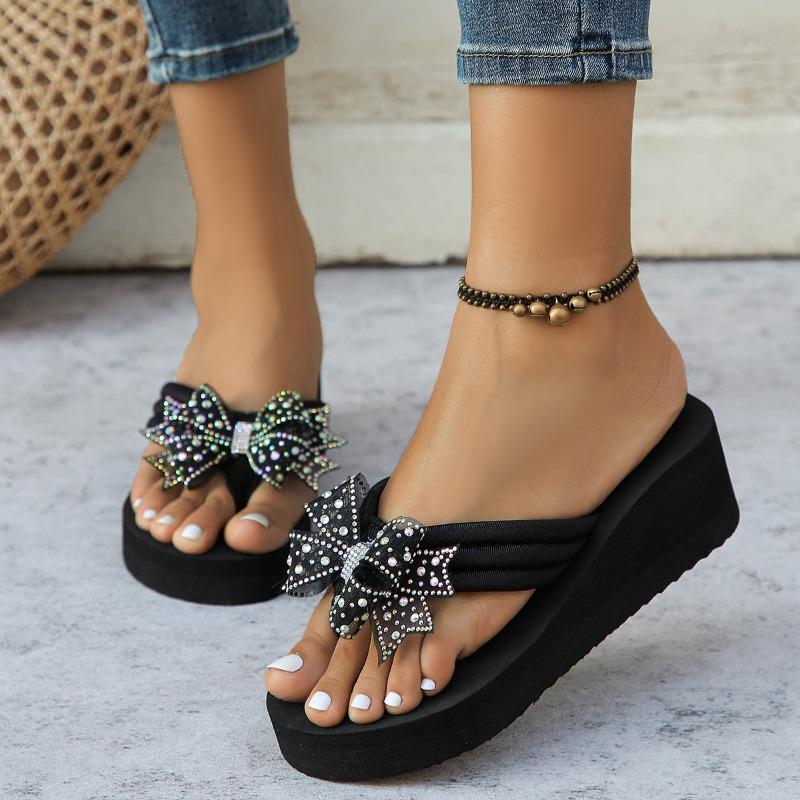 Mid Heel Wedges Modern Slippers Summer Outside 2025 High Quality Shoes Female Butterfly-knot Solid Novelty Women's Slippers