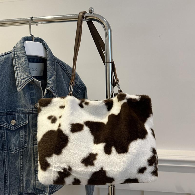Large Capacity Shopper Bags For Women Winter Travel Tote Bag Cow Printing Plush Shoulder Bag Ladies Designer Handbag