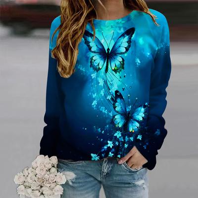 Outono Inverno Moda Feminina Gola O Manga Comprida Camiseta Roupas Soltas Estampa Borboleta Dourada Camiseta Para Meninas Rua