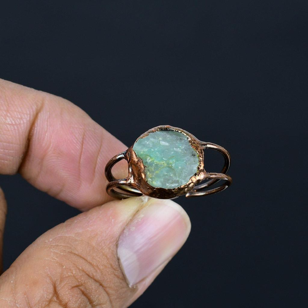 Amazonite Handmade Gemstone Ring, Copper Electroformed Ring Antique Jewelry, Adjustable Ring Engagement Gift